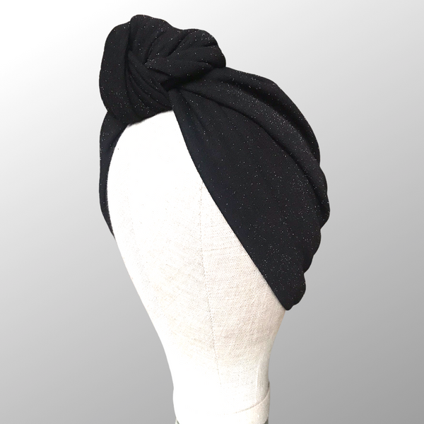 Black sparkle top knot crepe turban