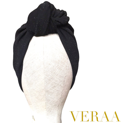 Black sparkle top knot crepe turban