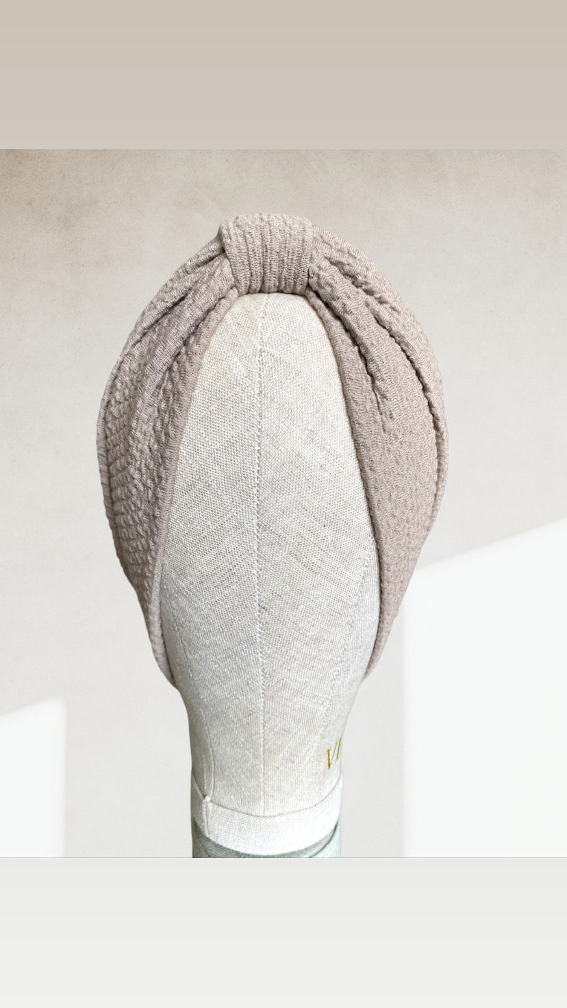 Beige crinkle jersey turban