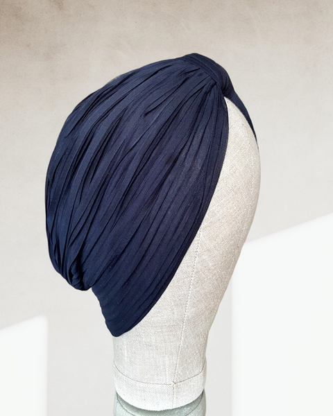 Navy tulle pleated classic turban