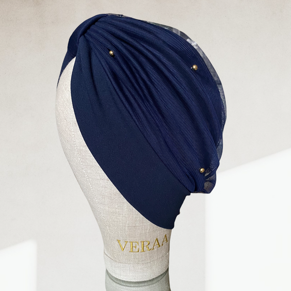 Navy tulle turban with golden pearls