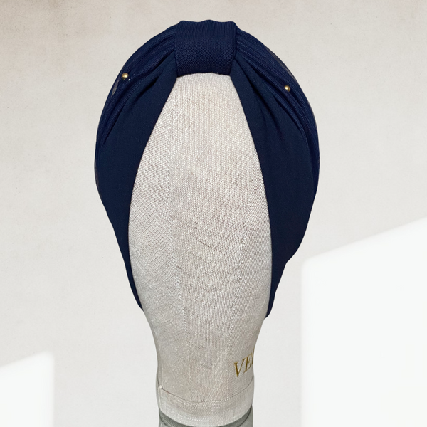 Navy tulle turban with golden pearls