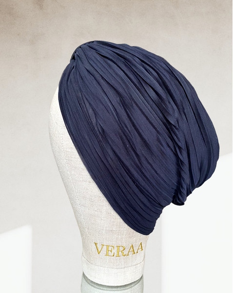 Navy tulle pleated classic turban