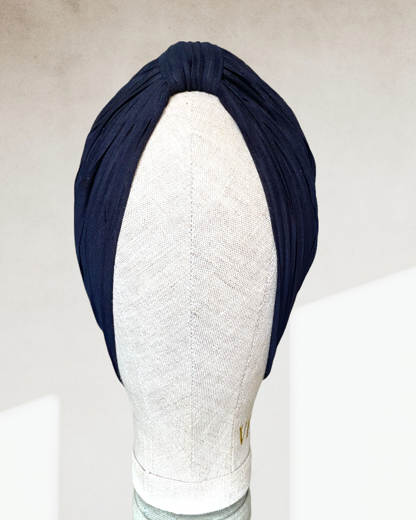 Navy tulle pleated classic turban