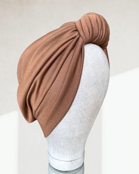 Golden brown top wrap turban