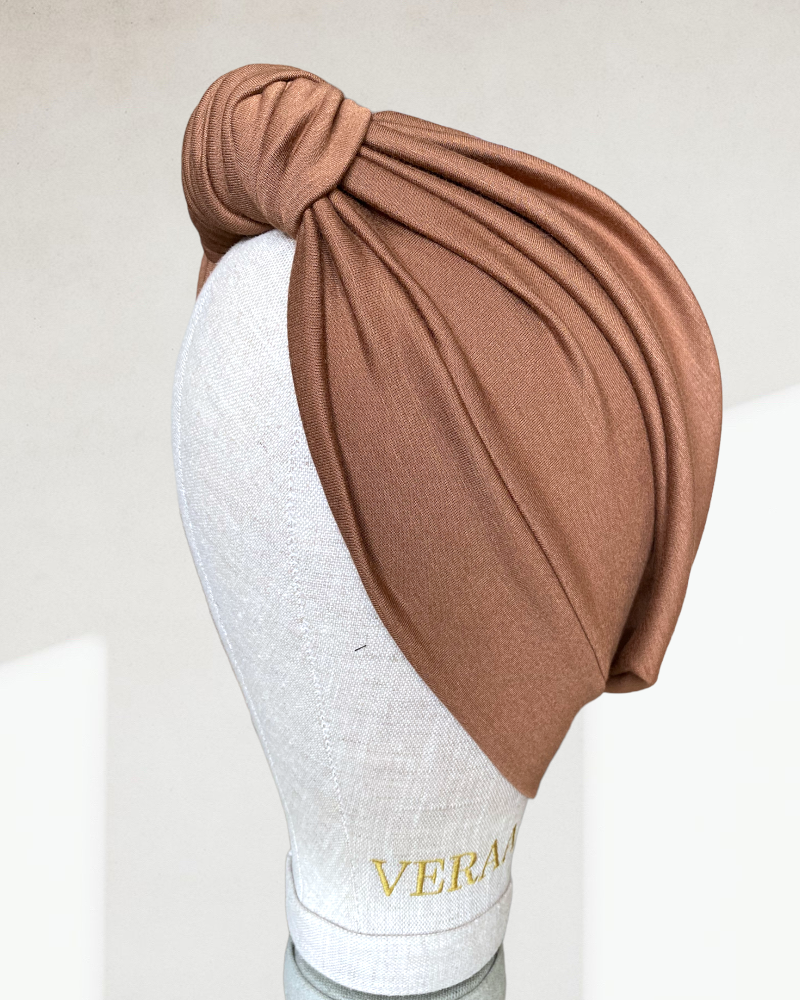 Golden brown top wrap turban